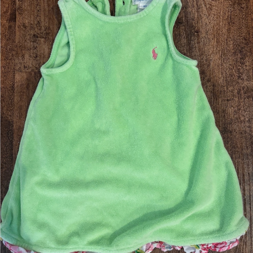 Ralph Lauren Mint Green Terry Polo Romper with Pink Pony Accent